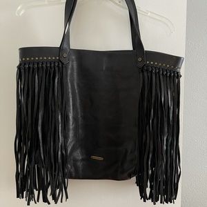 FRINGE SIDES BLACK 100% LEATHER BAG BY OELLE HAWKENS!!!!   NEVER USED !!!!!